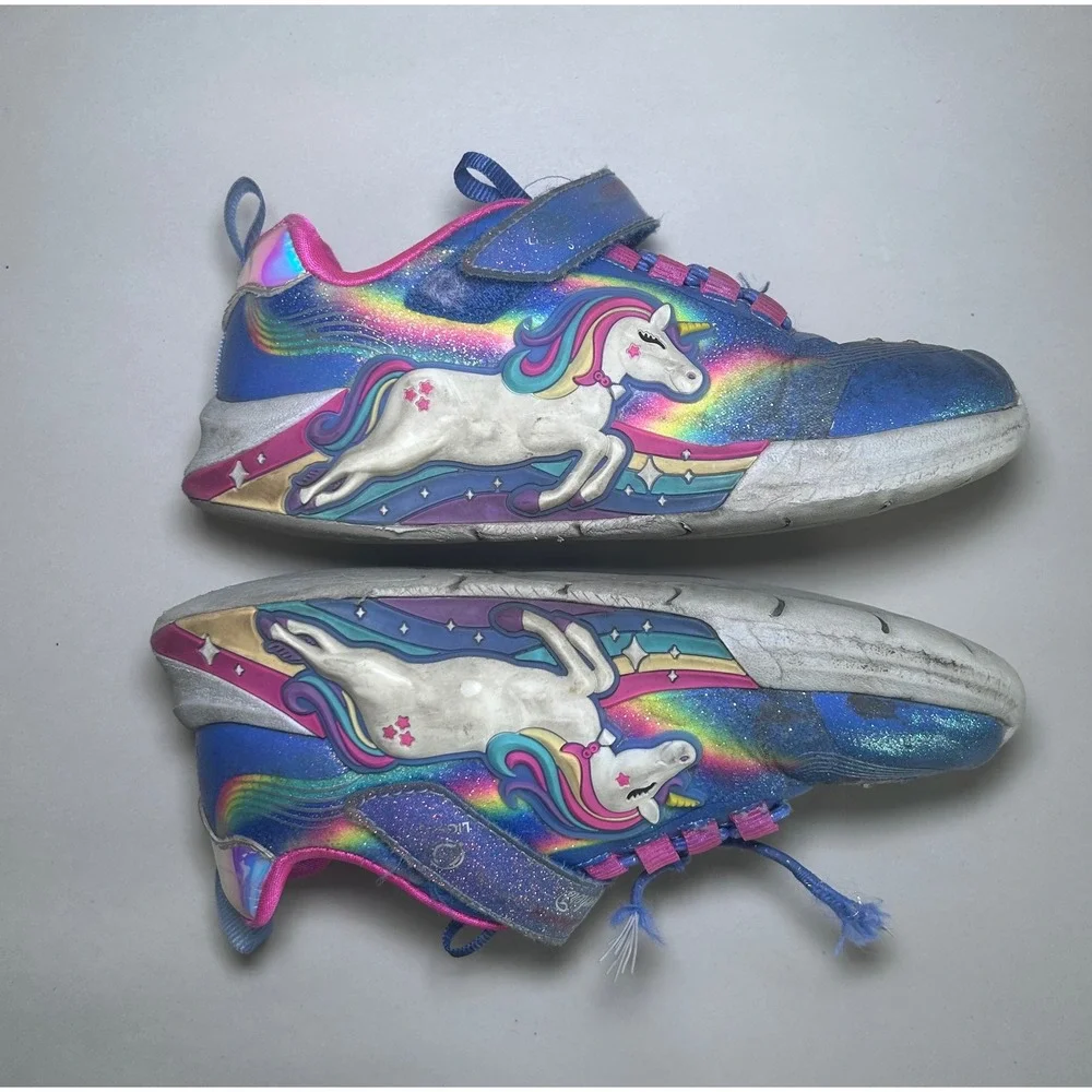 Skechers Unicorn Chaser Blue Rainbow Light Up Sneakers 302298L Girls Size 12